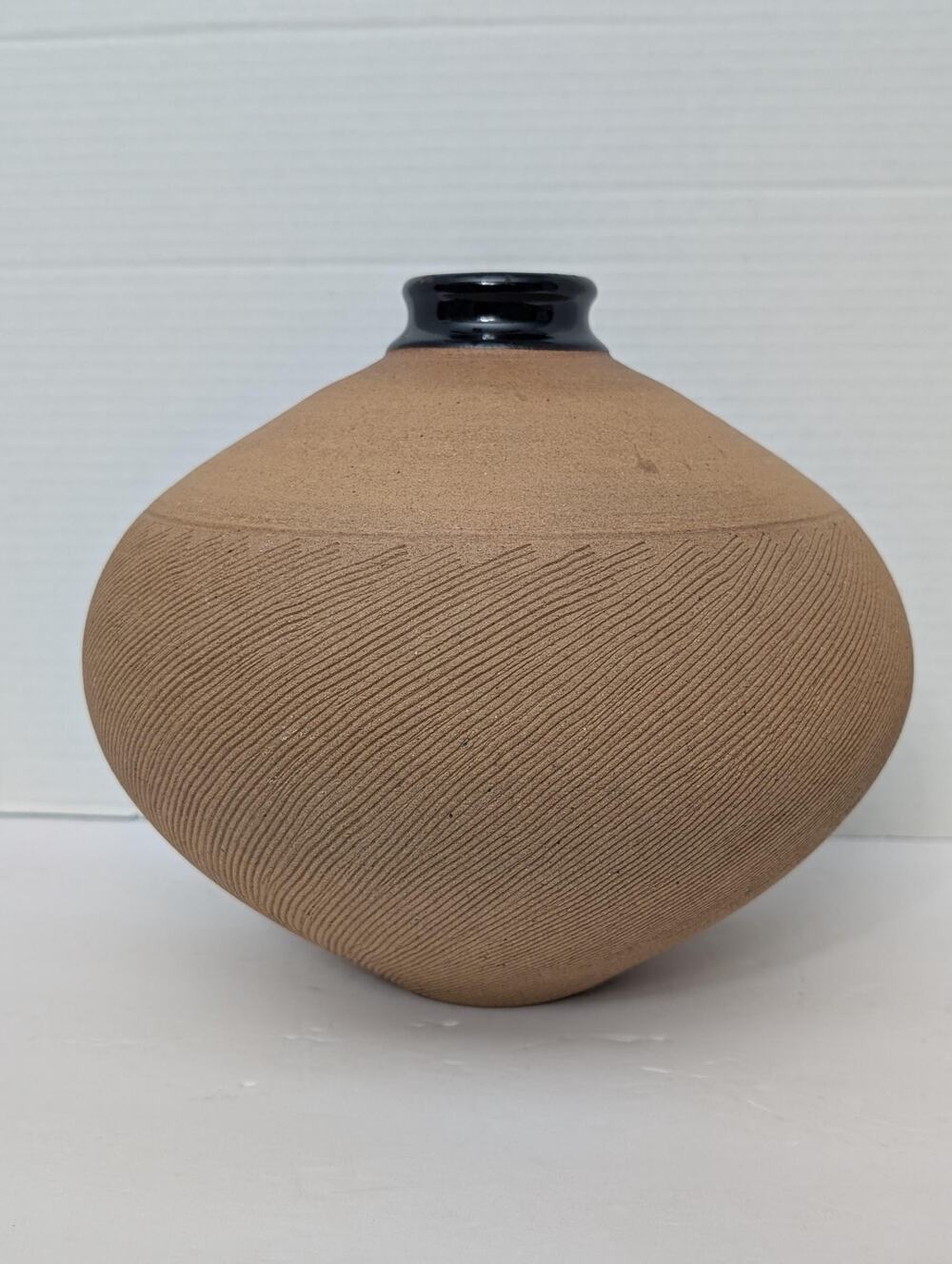 Renee Margolin Studio Pottery Vase Carved Textured Ceramic Vessel Art